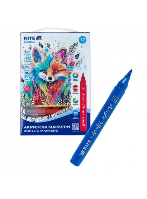 Маркери-пензлики акрилові 12 кольорів Kite Creative K-1159 Маркери-пензлики акрилові 12 кольорів Kite Creative K-1159